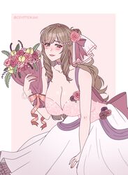 1girls alternate_costume bare_arms bouquet bride brown_eyes brown_hair cleavage cryptid_crab fire_emblem fire_emblem_awakening flower hair_flower huge_breasts long_hair looking_at_viewer nintendo ring smile solo solo_female sumia_(fire_emblem) wedding_dress wedding_ring