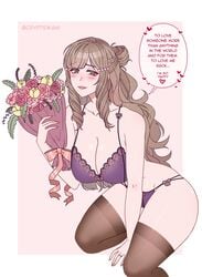 1girls alternate_costume bare_arms bare_shoulders bouquet bride brown_eyes brown_hair cleavage collarbone cryptid_crab english_text fire_emblem fire_emblem_awakening flower huge_breasts lingerie long_hair looking_at_viewer nintendo panties purple_panties ring smile solo solo_female sumia_(fire_emblem) text thick_thighs thighhighs thighs wedding_ring wide_hips