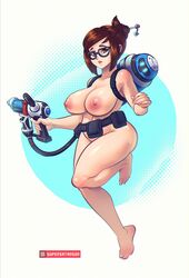 1girls absurdres areolae ass barefoot big_breasts breasts eyewear feet female glasses highres large_breasts looking_at_viewer mei_(overwatch) naked nipples nude nude_female overwatch snowball_(overwatch) supersatanson toes