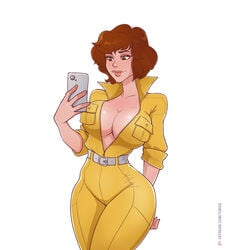 1girls 5_fingers april_o'neil april_o'neil_(tmnt_1987) belt big_breasts breasts brown_eyes brown_hair cellphone cleavage clothed clothes clothing electronics eyebrows eyelashes female female_only hips holding holding_object huge_breasts human human_only humanoid jumpsuit large_breasts lips pale_skin phone plain_background selfie short_hair simple_background solo solo_female standing teenage_mutant_ninja_turtles text thick thick_thighs thighs tight_clothing toksie unzipped_jumpsuit white_background wide_hips