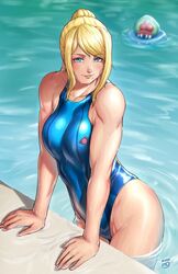 arm_support athletic_female beauty_mark blonde_hair blue_eyes finalcake from_above looking_at_viewer looking_up metroid metroid_(creature) nintendo one-piece_swimsuit partially_submerged pinup ponytail samus_aran smile solo solo_focus swimming_pool swimsuit thick_thighs toned toned_female water wet