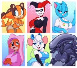 alien alien_(franchise) anthro arm_behind_head armpits badger batman_(series) black_eyes black_skin blue_eyes blue_fur bow breasts brown_fur cartoon_network cleavage crossover daxzor dc dc_comics disney feline female_xenomorph fox furry harley_quinn harley_quinn_(classic) human lipstick looking_back maid_marian miss_kitty_mouse mouse nicole_watterson orange_fur purple_eyes robin_hood_(disney) sega sonic_(series) sticks_the_badger sticks_the_jungle_badger sticks_the_tejon teal_eyes the_amazing_world_of_gumball the_great_mouse_detective tongue tongue_out white_fur white_skin wide_hips xenomorph