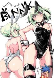 2boys animal_ears arched_back ass ass_focus ass_visible_through_thighs balls_in_leotard black_leotard blush bulge bunny_day bunny_ears bunny_tail chibi crossdressing dat_ass detached_collar fake_animal_ears femboy galo_thymos girly green_hair hand_on_hip hand_on_own_hip highres leotard lio_fotia looking_at_viewer male male_focus male_only male_playboy_bunny multiple_boys multiple_images multiple_scenes multiple_views nipple_slip nipples otoko_no_ko playboy_bunny promare prprlo purple_eyes simple_background solo_focus spiked_hair strapless strapless_leotard tail thigh_strap trap white_background white_leotard white_wrist_cuffs wrist_cuffs