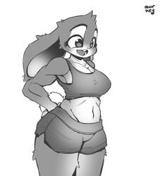 abs alternate_costume anthro athletic athletic_female awr_hey big_breasts big_thighs bra bunny clothing disney furry furry_only grayscale gym_shorts gym_uniform happy huge_thighs judy_hopps large_breasts monochrome muscles muscular_female shorts solo solo_female sports_bra torso workout zootopia