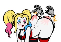 animated ass ass_jiggle batman_(series) bending_over biting_lip blonde_hair blush breasts bustier butt_jiggle chibi choker clapping clapping_cheeks cleavage clothed_female clothing curvy dc disembodied_hands eyeshadow female footwear handwear harley_quinn harley_quinn_(series) jiggle leaning_forward light-skinned_female lips lipstick looking_back makeup outta_sync plump_ass slap_mark smacking_ass thick twintails white_skin