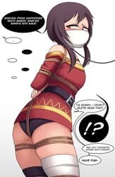 arms_behind_back belt bondage bound bound_arms bound_legs brown_hair clothed collar comic crotch_rope daniel_abberton female femsub gag gagged gagged_speech gagging helpless kono_subarashii_sekai_ni_shukufuku_wo! leash looking_down megumin moaning mouth_gag muffled muffled_moaning over_the_nose_gag panties red_eyes restrained rope rope_bondage scared speech_bubble text tied_up underwear yunyun_(konosuba)