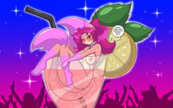 1girls anthro areolae big_breasts breasts canine collar electricfox777 female female_only floating fox furry glass looking_at_viewer mastergodai naked new_year nipples nude pink_fur purple_eyes purple_hair pussy sakura_(electricfox) solo speech_bubble straw text thick_thighs voluptuous vulpine water wide_hips