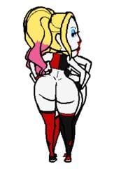 animated ass back_view bare_thighs batman_(series) blonde_hair bustier chibi choker clothed_female curvy dancing dc eyeshadow female female_solo harley_quinn harley_quinn_(series) light-skinned_female lips lipstick looking_back looking_back_at_viewer makeup outta_sync plump_ass shaking_ass thick twintails white_skin