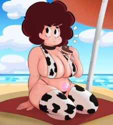 1girls beach bikini brown_hair cartoon_network choker clouds cookie_cat_(steven_universe) cow_print female gem_hybrid nora_quartz_universe original_character solo spakka5 steven_universe sweat swimsuit