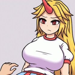 1boy 1girls animated blonde_hair breast_poke breasts calm camp_of_hunger clothed horn hoshiguma_yuugi large_breasts long_hair mp4 no_sound oni red_eyes tagme touhou video