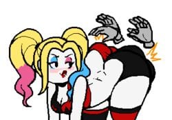 animated ass ass_cleavage ass_jiggle batman_(series) bending_over biting_lip blonde_hair blush booty_shorts breasts bustier butt_crack butt_jiggle chibi choker clapping clapping_cheeks cleavage clothed_female clothing curvy dc disembodied_hands eyeshadow female footwear handwear harley_quinn harley_quinn_(series) jiggle leaning_forward light-skinned_female lips lipstick looking_back makeup outta_sync plump_ass shorts smacking_ass thick twintails white_skin