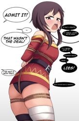 angry arms_behind_back belt bondage bound bound_arms bound_legs brown_hair clothed collar comic crotch_rope daniel_abberton female femsub kono_subarashii_sekai_ni_shukufuku_wo! leash looking_at_viewer megumin panties red_eyes restrained rope rope_bondage speech_bubble text tied_up underwear yunyun_(konosuba)