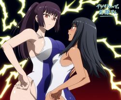 2girls 774_(nanashi) alternate_breast_size angry angry_face black_hair breast_envy breast_press breasts catfight comparing comparing_breasts fat_breasts female female_only hand_on_hip hand_on_own_hip hayase_nagatoro hi_res huge_breasts light_skin lightning long_hair looking_down looking_up multiple_girls please_don't_bully_me,_nagatoro ponytail president_(nagatoro) pushing_breasts_together red_eyes rivals sana_sunomiya screencap small_breasts sumo_wrestling swimsuit tan_skin tanline tight_clothing