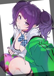 amanekuu asymmetrical_legwear bangs blurry breasts depth_of_field diagonal_bangs ear_piercing earrings exhibitionism feet_out_of_frame female highres idolmaster idolmaster_shiny_colors jewelry long_hair medium_breasts mouth_hold nipples piercing purple_eyes purple_hair self_shot solo squatting tanaka_mamimi twintails