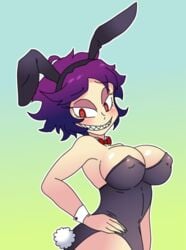 1girls breasts bunny_ears bunny_girl bunny_tail bunnysuit cleavage female female_only hand_on_hip las_demoniacas_desventuras_de_vampiranhya nipple_bulge purple_hair red_eyes sharp_teeth short_hair simple_background smile solo vampiranhya