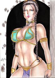 armlet belly_dancer belly_dancer_outfit blue_eyes bracelet braid brown_hair chain_leash chained cleavage dancer dancer_outfit enslaved_royal femsub hair_ornament harem_girl harem_outfit huge_breasts loincloth metal_bikini princess_leia_organa royalty ruth_lima slave slave_bikini slave_collar slave_leia slave_outfit slavegirl star_wars submissive_female wrong_eye_color