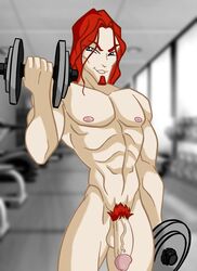 1boy big_penis grey_eyes grin gym male_only naked nipples nude ogron pale_skin penis pubic_hair red_hair six_pack solo winx_club wizard_of_the_black_circle workout