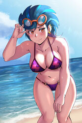 1girls beach bikini blue_hair blush brown_eyes cleavage equestria_girls friendship_is_magic humanized indigo_zap iojknmiojknm large_breasts looking_at_viewer my_little_pony seaside voluptuous wet