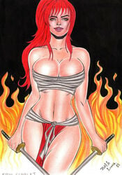 breast_binding breast_wrap brown_eyes chest_wraps cleavage erza_scarlet fairy_tail huge_breasts loincloth long_hair looking_at_viewer red_hair ruth_lima sword voluptuous