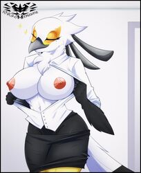 aggressive_retsuko anthro avian beak breasts clothed clothing female female_only fluffy fluffy_tail fur knightmoonlight98 nipples office_clothing office_lady partially_clothed secretary_washimi simple_background smile smooth_skin solo tail white_fur