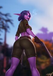 1girls blizzard_entertainment blue_eyes blue_hair cigar clothed_female clothing female female_only fingerless_gloves high_resolution highres isiltari looking_at_viewer looking_back night_elf purple_skin solo world_of_warcraft