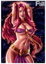 arms_behind_head belly_dancer belly_dancer_outfit dancer dancer_outfit dc dc_comics green_eyes harem_girl harem_outfit jewelry koriand'r large_breasts loincloth long_hair looking_at_viewer pupilless_eyes red_hair slave slave_outfit slavegirl starfire tamaranean teen_titans theflowform