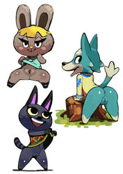 3girls animal_crossing anus ass bittenhard bonbon_(animal_crossing) bottomless canid canine canis felid feline felis female female_only flat_chest flat_chested fur furry furry_only kiki_(animal_crossing) nintendo partially_clothed pussy rabbit skirt_lift skye_(animal_crossing) tail topwear video_games wolf