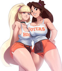 2girls aged_up alternate_breast_size amoralcrow big_breasts blonde_hair braces breast_to_breast breasts brown_hair choker cleavage clothed clothing disney disney_channel disney_xd earrings female female_only frown gravity_falls hand_on_hip hoop_earrings hooters hooters_uniform human human_only large_breasts long_hair looking_at_viewer mabel_pines nail_polish name_tag pacifica_northwest plain_background shorts smile straight_hair tank_top thick_thighs thighs thunder_thighs very_long_hair white_background white_female