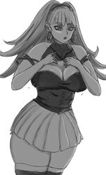 1girls bangs bare_thighs cleavage earrings fire_emblem fire_emblem:_three_houses greyscale hilda_valentine_goneril huge_breasts long_hair monochrome nintendo open_mouth ponytail sleesart sleeswaifus solo thick_thighs thighs