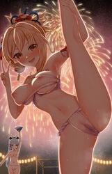 2girls bandage big_breasts blush breasts cameltoe denkaisui female female_only fireworks flexible fundoshi genshin_impact japanese_clothes kamisato_ayaka leg_lift leg_up loincloth medium_breasts multiple_girls night nipples one_leg_raised one_leg_up pussy_juice pussy_juice_stain sarashi sweat tattoo topless topless_female underwear v yoimiya_(genshin_impact)