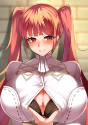 1girls bangs bikini bikini_under_clothes blush bra fire_emblem fire_emblem:_three_houses fire_emblem_heroes garreg_mach_monastery_uniform grin hilda_valentine_goneril huge_breasts long_hair nintendo open_clothes open_shirt paizuri paizuri_under_clothes perpendicular_paizuri pink_eyes pink_hair pov smile solo_female solo_focus swimsuit swimsuit_under_clothes tea_texiamato twintails