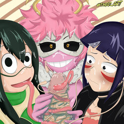 cum cum_in_mouth cum_on_face female_focus hero_outfit_(mha) kyoka_jiro lube mina_ashido my_hero_academia pink_hair pink_skin thed_art threesome tongue tongue_out tsuyu_asui