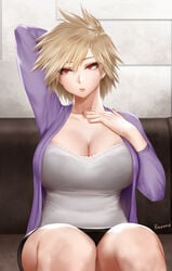 1girls arm_behind_head artist_name big_breasts blonde_hair breasts cleavage couch easonx female female_only hand_on_own_chest highres huge_breasts indoors large_breasts lips mature_female milf mitsuki_bakugou mother my_hero_academia red_eyes shirt short_hair sitting solo solo_female spiked_hair tomboy_milf tsurime voluptuous white_shirt