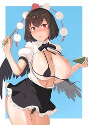 1girls accidental_exposure anda_inmu big_breasts blush female red_eyes shameimaru_aya solo tagme tengu touhou wardrobe_malfunction youkai