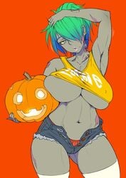 1girls 2021 blue_hair blue_highlights decomposition earring female female_focus female_only gray_eyes gray_skin green_hair grey_eyes grey_skin hair_over_one_eye hotpants huge_breasts jack-o'-lantern jean_shorts mikoyan mole_under_mouth navel nipple_bulge nipples panties pinup pumpkin red_panties scars shorts solo_female stockings tank_top tank_top_lift thighhighs two_tone_hair unbuttoned_pants underboob unzipped unzipped_shorts white_stockings white_thighhighs yellow_tank_top zombie zombie_girl