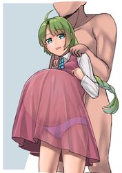 1boy 1girls ahoge aqua_eyes braid clothing faceless_male female fully_clothed garylin green_hair huge_belly kantai_collection long_hair looking_at_viewer looking_down male mole_under_mouth nude_male outie_navel panties popped_navel pregnant ready_to_pop see-through_clothing smile stretch_marks transparent_clothing underbelly very_long_hair wet_panties yuugumo_(kantai_collection)