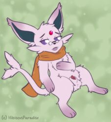 animal_genitalia digital_media_(artwork) eeveelution espeon eyewear fluffy fur genitals hibiscusparadise_(artist) male mammal nintendo penis pokémon_(species) pokemon poking_out sheath smile solo video_games