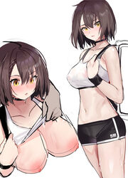 absurdres afterimage azur_lane bag baltimore_(azur_lane) baltimore_(black_ace)_(azur_lane) bare_shoulders black_choker black_shorts braid breasts brown_hair choker collarbone covered_nipples crop_top duffel_bag female gree4 hair_between_eyes highres large_breasts looking_at_viewer midriff multiple_views navel nipples parted_lips see-through short_hair short_shorts shorts simple_background sleeveless sports_bra stomach sweat sweatband thighs white_background yellow_eyes