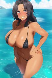 1girls armorganger bikini black_hair blue_eyes breasts cleavage dark-skinned_female dark_skin el_(girls_und_panzer) female girls_und_panzer long_hair looking_at_viewer swimsuit tagme