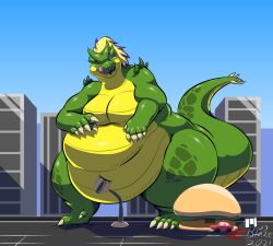 anthro belly big_belly blaze_koopa burger fat female green_body green_scales hungry kaiju licking_lips macro megaton_rex monster obese overweight purple_eyes purple_sclera scales scalie thick_thighs yellow_body yellow_scales