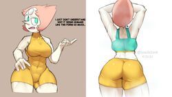 abs ass big_ass big_breasts blue_eyes bra breasts cartoon_network collage edit english_text gem_(species) lewdssonk muscular muscular_female orange_hair pearl_(steven_universe) shorts sketch solo steven_universe text unitard yellow_unitard