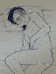 after_sex ass blush cum cum_on_body demon_slayer genya_shinazugawa kimetsu_no_yaiba male male_only mohawk monochrome muscular nude on_bed on_side solo sweat tears trembling visible_breath wet