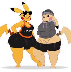 2futas 3_fingers 3_toes anthro ass_cleavage balls_outline big_booty_pikachu big_breasts big_bulge big_penis breasts bulge butt_crack chubby clothed clothing detailed_bulge digital_media_(artwork) duo edit exposed_bulge eyewear feet fingers furry futa_only futanari genital_outline genitals gynomorph hi_res hoodie intersex looking_at_viewer low-riding muscular muscular_gynomorph muscular_intersex nintendo open_mouth penis penis_outline pikachu pokémon_(species) pokemon presenting simple_background smile sportswear sssonic2 sunglasses thick_thighs toes topwear vein veiny_penis video_games white_background wide_hips