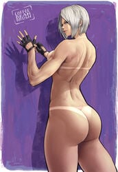 angel_(kof) artist_name ass back_view big_ass blue_eyes breasts bubble_butt coffeebeanbrush female fingerless_gloves gloves king_of_fighters latina looking_back nude pinup pose short_hair simple_background snk solo solo_focus standing tanline white_hair