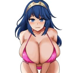 1girls alternate_breast_size bare_shoulders bikini blush breasts cleavage embarrassed fire_emblem fire_emblem_awakening huge_breasts kyomu_(zerokyomu) large_breasts looking_at_viewer lucina_(fire_emblem) nintendo pink_bikini solo swimsuit symbol-shaped_pupils