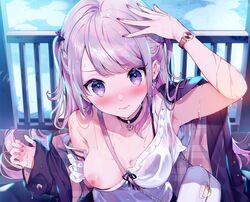 blush bra breasts cut_(bu-kunn) nipple_slip nipples original pubic_hair purple_eyes rain see-through see-through_clothing twintails underwear undressing watch wet