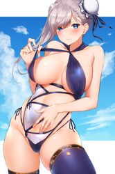 bangs blue_eyes blue_legwear blue_swimsuit blush breasts bun_cover cleavage criss-cross_halter fate/grand_order fate_(series) female grey_hair hair_bun hair_ribbon halterneck hechi_(hechi322) highres large_breasts long_hair looking_at_viewer miyamoto_musashi_(fate) miyamoto_musashi_(swimsuit_berserker) miyamoto_musashi_(swimsuit_berserker)_(third_ascension)_(fate) one-piece_swimsuit ribbon side_bun sky swept_bangs swimsuit thighhighs white_swimsuit