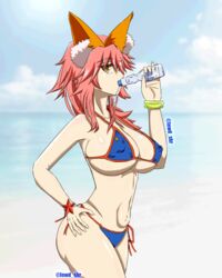 animal_ear_fluff animal_ears ass bangs bare_shoulders beach bikini blue_bikini blue_sky bracelet breasts cleavage day erect_nipples fate/grand_order fate_(series) female fox_girl fox_tail hair_between_eyes high_resolution huge_breasts jewelry kitsunemimi large_breasts large_thighs liquid long_hair looking_at_viewer navel nipples ocean pink_hair ramune seakerzx sidelocks sky smile swimsuit tail tamamo_no_mae_(fate) tamamo_no_mae_(swimsuit_lancer) thighs twitter twitter_username very_high_resolution watermark yellow_eyes