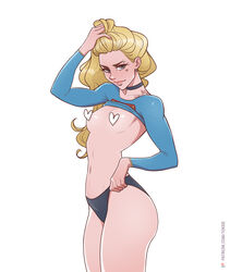 1girls areola_slip blonde_hair blue_eyes breasts breasts_out censored choker dc dc_comics earrings eyebrow_piercing female female_only hand_in_hair heart_censor kara_zor-el long_hair navel panties plain_background shirt_up solo supergirl superman_(series) tattoo toksie white_background