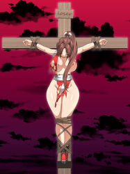 bdsm bondage bound_ankles bound_legs bound_wrists breasts broken brown_hair closed_eyes crucifixion fatal_fury fundoshi head_down hourglass_figure large_breasts loincloth long_hair mai_shiranui nipples outstretched_arms rope_bondage shredded_clothes thick_thighs tied_ankles tied_legs tied_wrists topless torn_bottomwear torn_clothes torn_topwear torn_underwear torture wide_hips